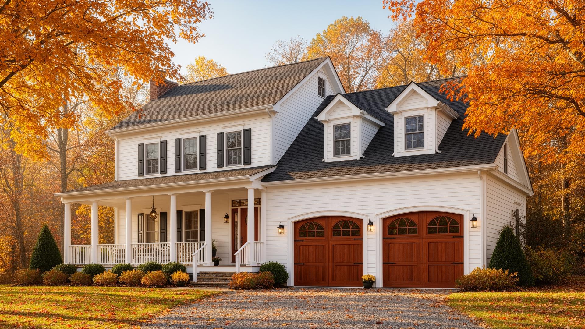 Beautiful farmhouse with elegant mahogany wood garage doors featuring arched windows